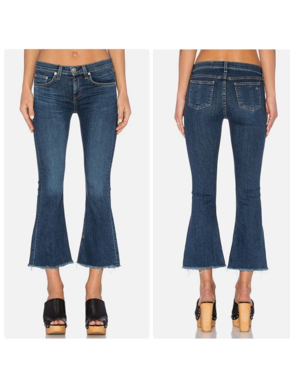Rag & Bone Flare Jeans Raw Frayed Hems Cropped Stretch Paz Medium Wash Size 26